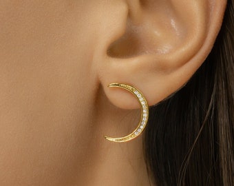 Crescent Moon studs, 14k Gold Plated Moon jewelry, Half Moon earrings. Moon stud earrings with Cubic Zircon, Ready to Ship Gift