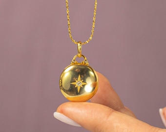 18k Gold Vermeil Locket Necklace, Small Locket Pendant with Zircon Star, Locket Charm Necklace, Gift for her, Mothers Day Gift