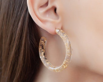 Clear Hoop Earrings with Gold Specks, Statement Earrings Acetate Lucite Earrings with Sparkle, Acrylic Drop Hoop Earrings, lightweight Hoops