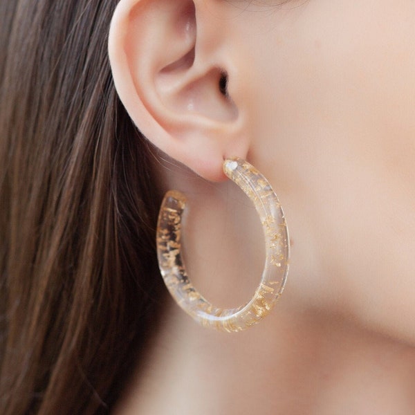 Clear Hoop Earrings with Gold Specks, Statement Earrings Acetate Lucite Earrings with Sparkle, Acrylic Drop Hoop Earrings, lightweight Hoops