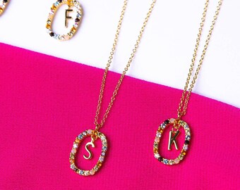 Multicolor Initial Necklace, Sterling Silver Initial Jewelry, Zircon Charm necklace, Monogram Jewelry, Ready to Ship Gift