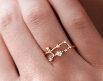 Gemini sign Constellation Ring with Crystals, Celestial Jewelry, Adjustable Zodiac Ring, Gemini Birthday Gift, Dainty Minimalist Ring