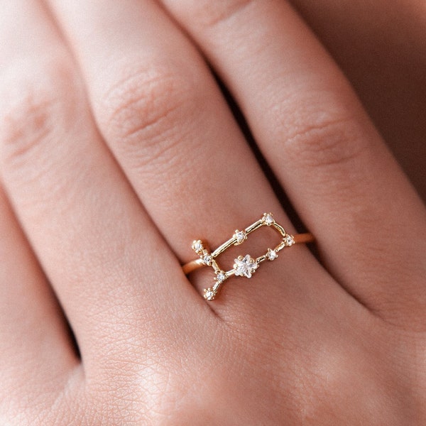 Gemini Sternzeichen Ring mit Kristallen, himmlischer Schmuck, verstellbarer Sternzeichen Ring, Zwilling Geburtstagsgeschenk, zierlicher minimalistischer Ring