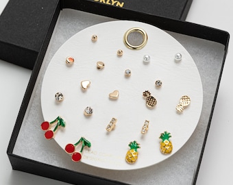 Mini Studs Set with 10 pair, Pineapple and Cherry studs, Minimalist jewelry, Mix and Match earrings, stud earrings Set, Kids Studs