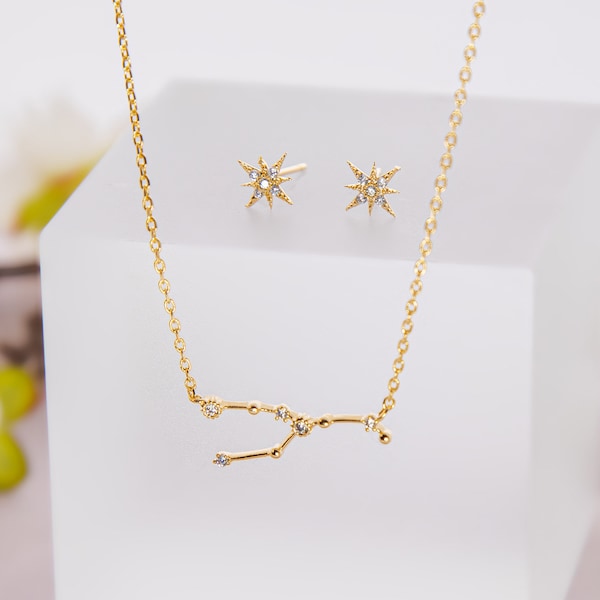 Taurus Zodiac Constellation Jewelry, 18k Gold Plated Necklace and Star Studs Set, Taurus Birthday Gift Idea