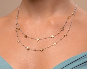 Layered Necklace with Stars, Gold Silver Multi-strand Necklace, Silver chain gold stars necklace, Gift for her, Dainty necklace for her