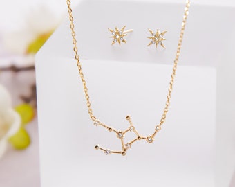 Virgo Zodiac Necklace, Constellation Jewelry, 18k Gold Plated Necklace and Star Studs Set, Virgo Gift