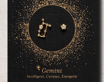 Gemini Sign Constellation Earrings with Crystals, Celestial Jewelry Zodiac Sign Studs, Gemini Star Dainty Mismatched  Stud Earrings