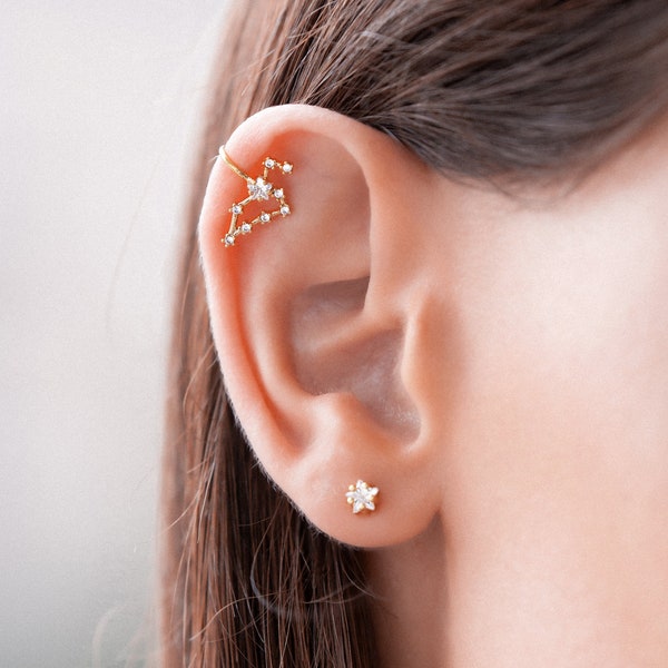 Leo Constellation Ear Cuff Earring with Crystals, Celestial Jewelry, Zodiac Sign Non Pierced Cuff, Earcuff CZ Stud set, Gift for Leo