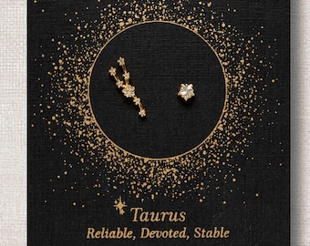 Boucles d'oreilles Constellation du signe du Taureau avec cristaux, bijoux célestes, clous du signe du zodiaque, boucles d'oreilles à tige dépareillées Dainty Star du Taureau