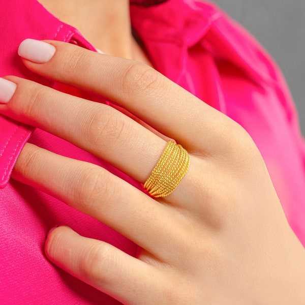 Statement Gold Vermeil Ring, multi strand Adjustable Ring, Gift For Her,  Minimalist Ring 925 silver, Valentine’s gift