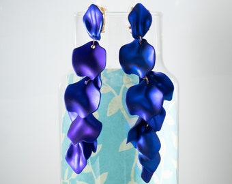 Statement Earrings Blue, Floral Blue Earrings, Metallic Blue Dangle Earrings, Flower Earrings, Cobalt blue Earrings, Flower Petals Jewelry