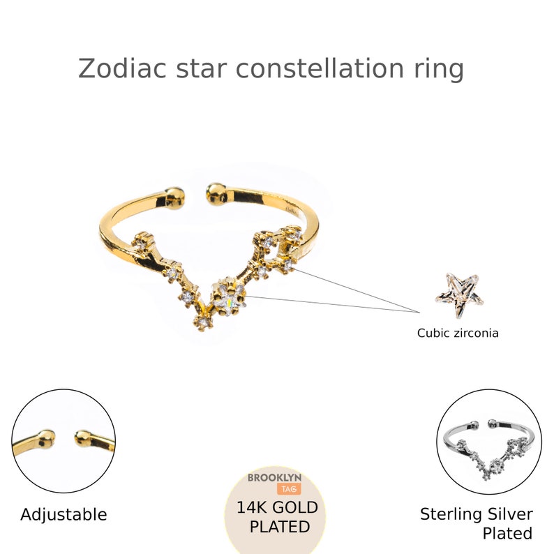 Pisces sign Constellation Ring with Crystals, Star Celestial Jewelry, Adjustable Zodiac Ring, Pisces Birthday Gift, Dainty Minimalist Ring image 7