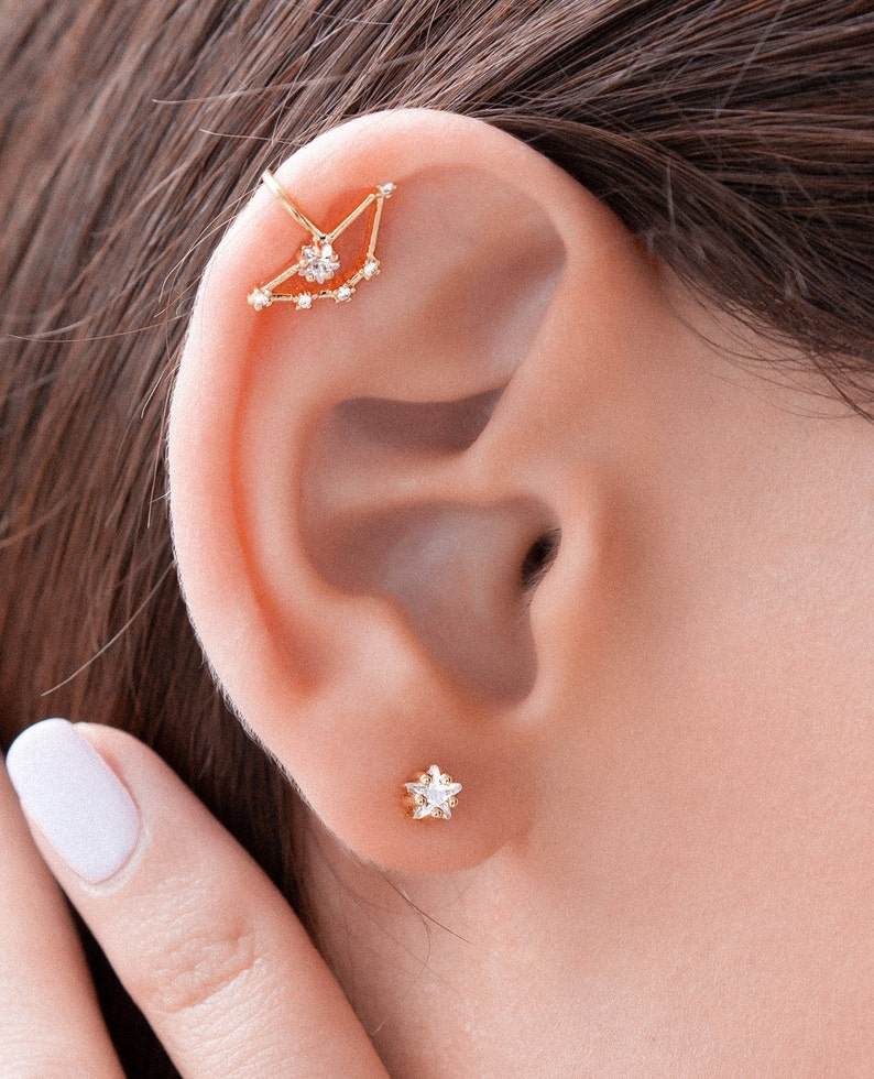 Capricorn Constellation Ear Cuff Earring with Crystals, Celestial Jewelry, Zodiac Sign Non Pierced Cuff, Earcuff CZ Stud set, Capricorn Gift image 5