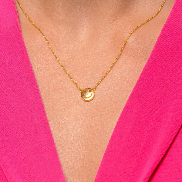 Petit smiley visage Collier, Pendentif Smiley, Petit Collier de charme en or, Collier minimaliste, Bijoux emoji, Collier Tiny Dainty