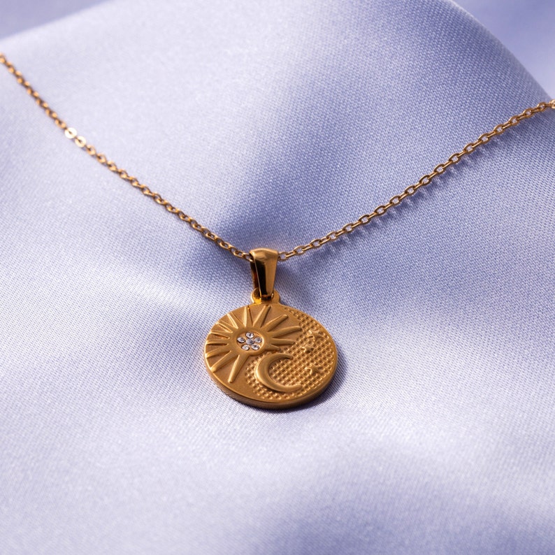 Celestial Necklace with Sun, Moon and Stars, Stainless Steel Locket 14k gold plated Necklace, Gift for her, Mothers Gift image 9