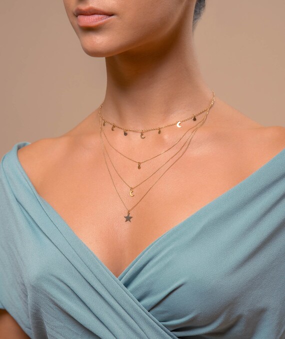Layered necklace 2024 moon and stars