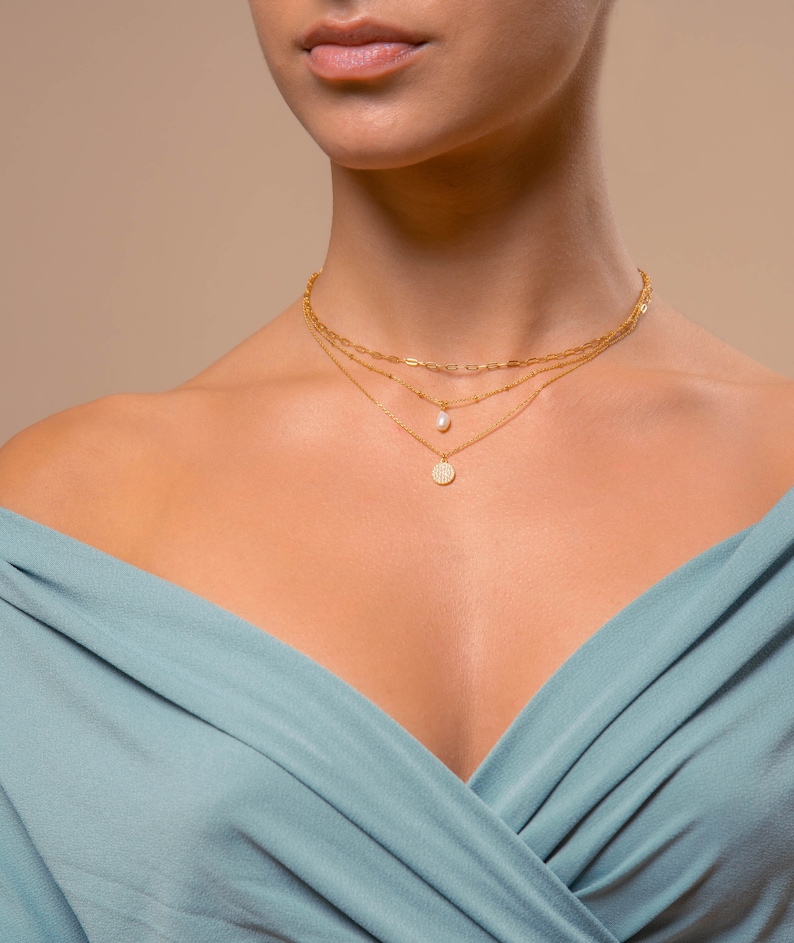 Collier superposé avec pendentif en perles, collier multirangs, collier minimaliste 3 couches, cadeau pour elle, collier délicat pour elle image 1