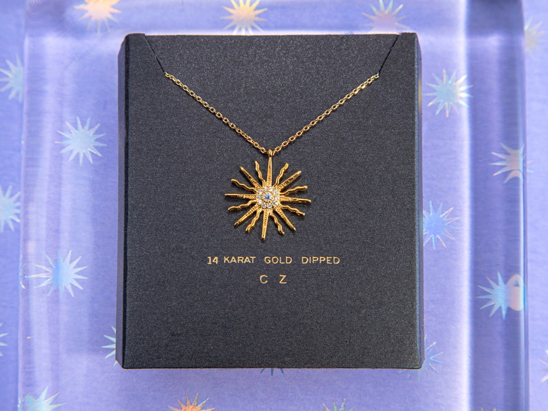 Sun Necklace, 14k gold plated Sun Necklace, Shining Sun Pendant, Gift for her, Gold Sun Zircon Dainty necklace, Celestial Jewelry image 9