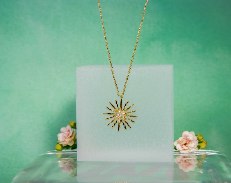 Sun Necklace, 14k gold plated Sun Necklace, Shining Sun Pendant, Gift for her, Gold Sun Zircon Dainty necklace, Celestial Jewelry image 1