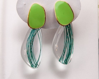 Clear Glass Green Earrings, Green Statement Earrings, Resin Earrings Modern, Big Abstract Studs