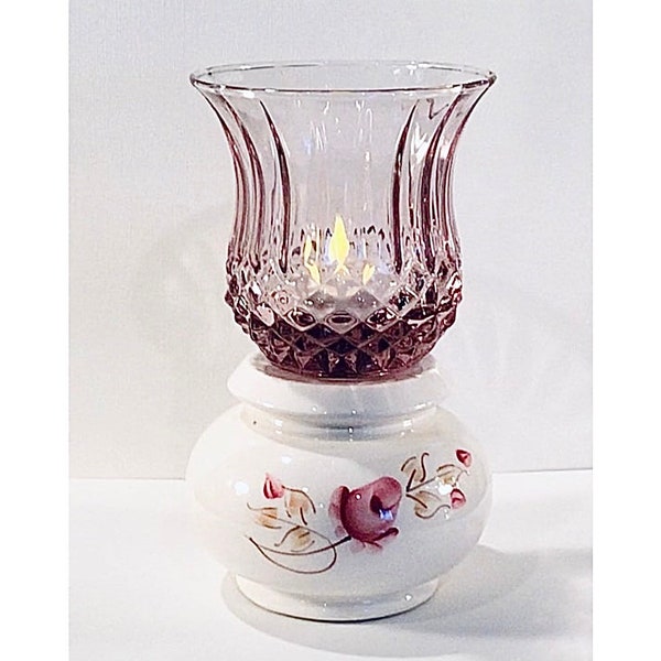 Pinkish-Lavender Flowers on White Ceramic Candle Lamp with Home Interiors Peglite - Giftable
