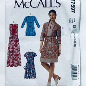 May include: A sewing pattern for a dress with four different styles. The pattern is for sizes 14-16-18-20-22. The pattern is from McCall's and the pattern number is M7597.