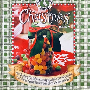 May include: A green and white checkered background with a red and white border. The text "Gooseberry Patch's Christmas Book 9" is in a white banner with a red border. A jar of colorful candies is in the center of the image. The text "Our tastiest Christmas recipes, gifts to make & give, and fresh ideas that make the season sparkle!" is in a banner at the bottom of the image.