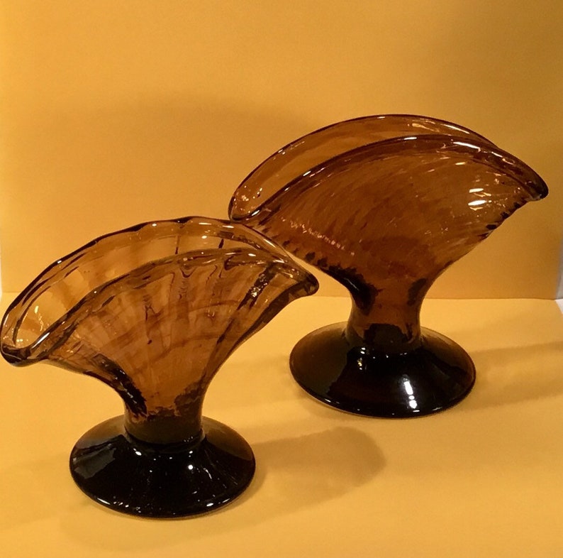Giftable for that Collector Fan-Shaped Flower Vases Two Vintage AmberBrown Hand Blown Handblown