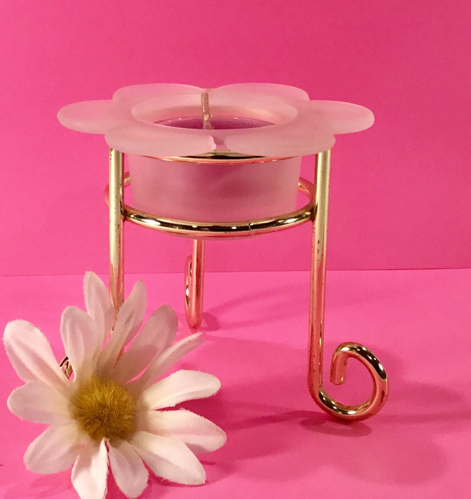 Brass Candle Holder With Frosted Flowershape Glass Candle Etsy