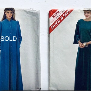 May include: Two vintage sewing patterns for long dresses. The pattern on the left is blue and has the number 8272 printed on it. The pattern on the right is green and has the number 8279 printed on it. Both patterns are labeled "Stitch 'N Save" and are for sizes B (14-16-18).