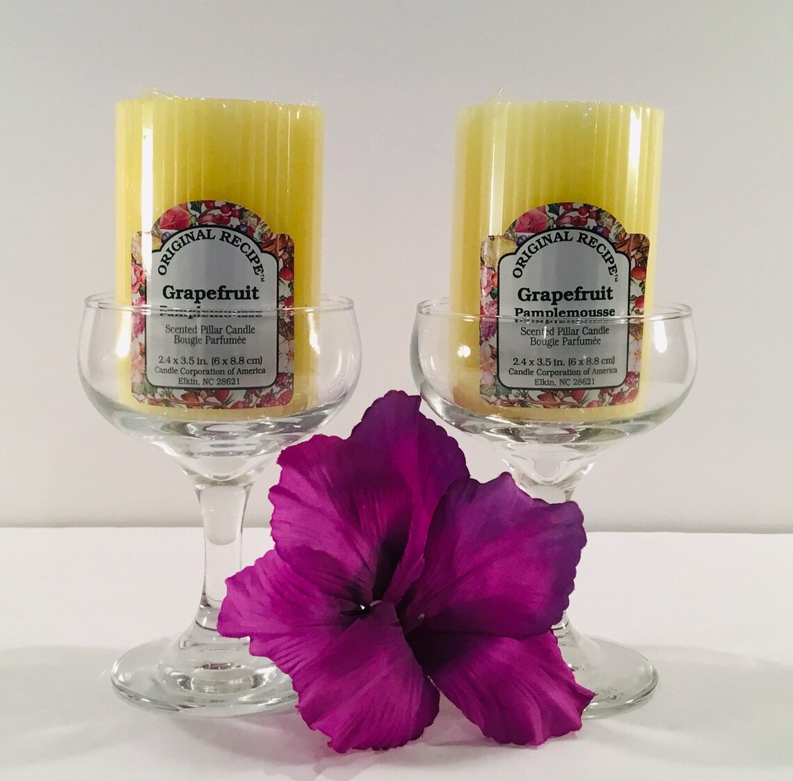 Pair of Quality Glass Candle Holders With Two Yellow Pillar Etsy
