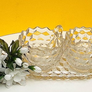 Beautiful Vintage FOSTORIA AMERICAN Cubist Clear Creamer and Sugar Bowl with Tray - Giftable