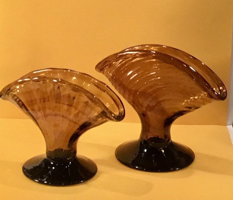 Giftable for that Collector Fan-Shaped Flower Vases Two Vintage AmberBrown Hand Blown Handblown