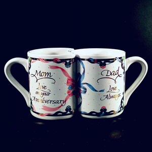 Reduced - MOM & DAD ANNIVERSARY Couple Coffee Cups Mugs Set by Papel Freelance - Giftable