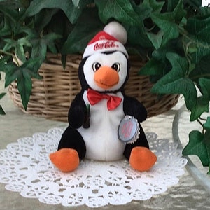 Vintage Coca-Cola Bean Bag Stuffy BLACK & WHITE PENGUIN with Red and White Snowflake Stocking Hat with Tag 1997 - Giftable