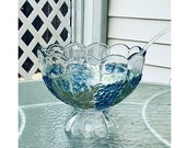 Reduced - Vintage? Thick and Heavy Glass Serving or Punch Bowl with Blue Grapes and Silvery-Green Leaves on Pedestal - Giftable