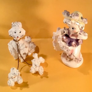 Inventory Reduction  - Vintage Lefton? Old-Fashioned Porcelain Girl and Her Spaghetti Poodles Figurines - Giftable for a collector