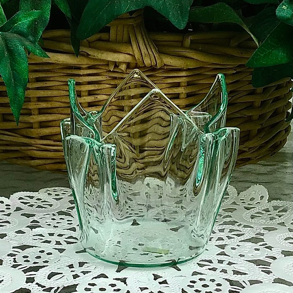 Beautiful Clear Green Glass Petal-Shaped Candy Dish or Candle Holder - Giftable