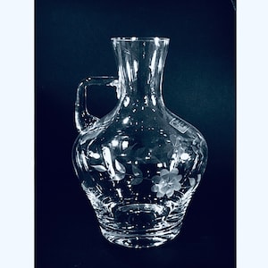 Elegant German Mouth-Blown and Hand-Cut Crystal Wine Carafe or Vase with Etched Floral Pattern - Giftable