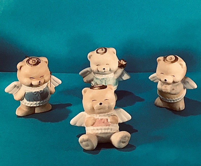 Giftable Very Vintage Collectible Set of Four Christmas Bear Angels Figurine Tree Ornaments