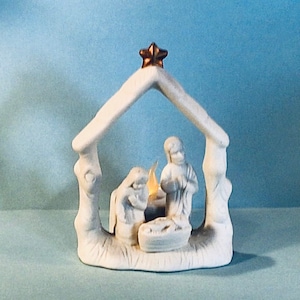 Ceramic Nativity Joseph, Mary, Baby Jesus in the Manger Tealight Candle Holder - Giftable