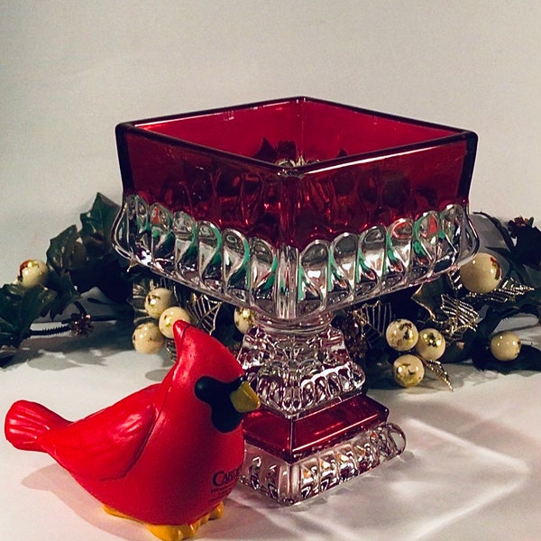 Vintage Gorgeous WESTMORELAND? INDIANA GLASS? Jeannette? Ruby Red Cranberry Glass Square Pedestal Wedding Box Compote Candy Dish - Giftable