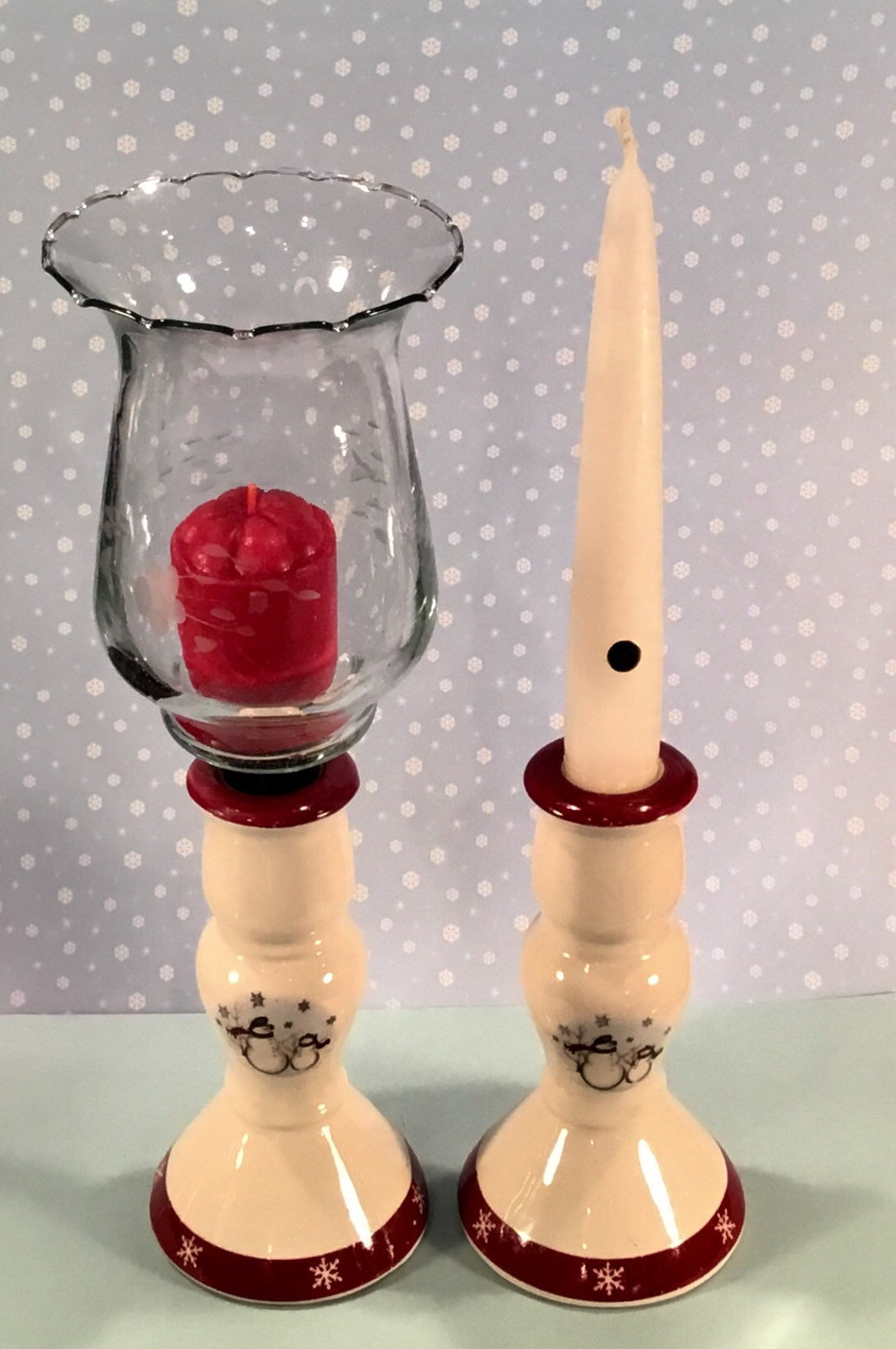Vintage Pair of Christmas Candlesticks with Snowmen Candle Etsy