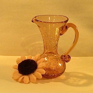 Vintage Beautiful Handblown Amber Crackle Glass Small Pitcher Flower Vase - Giftable