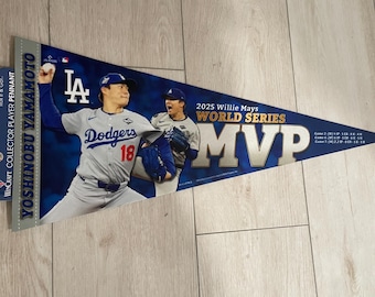 May include: A triangular pennant with a baseball theme, featuring a player in a Dodgers uniform. The text reads "2025 Willie Mays World Series MVP" and "Yoshinobu Yamamoto". The colours are blue, white, and grey.