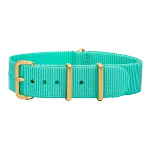 Puede incluir: Una correa de reloj de nylon turquesa con hebilla y pasadores dorados.