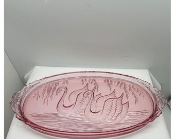 Vintage Indiana Glass Pink Swan Oval Vanity Tray With Handles 14" Tiara Era