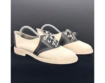 Vintage Pinwheels Saddle Shoes Cream Black Leather Oxfords 10M Made in USA