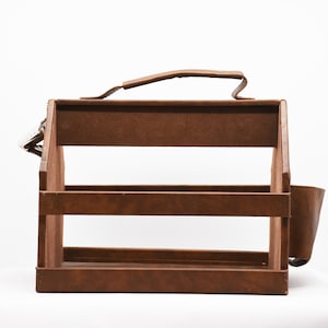 Classic Beer Caddy Wood & Leather With Built-In Metal Bottle Opener and pouch to hold caps
